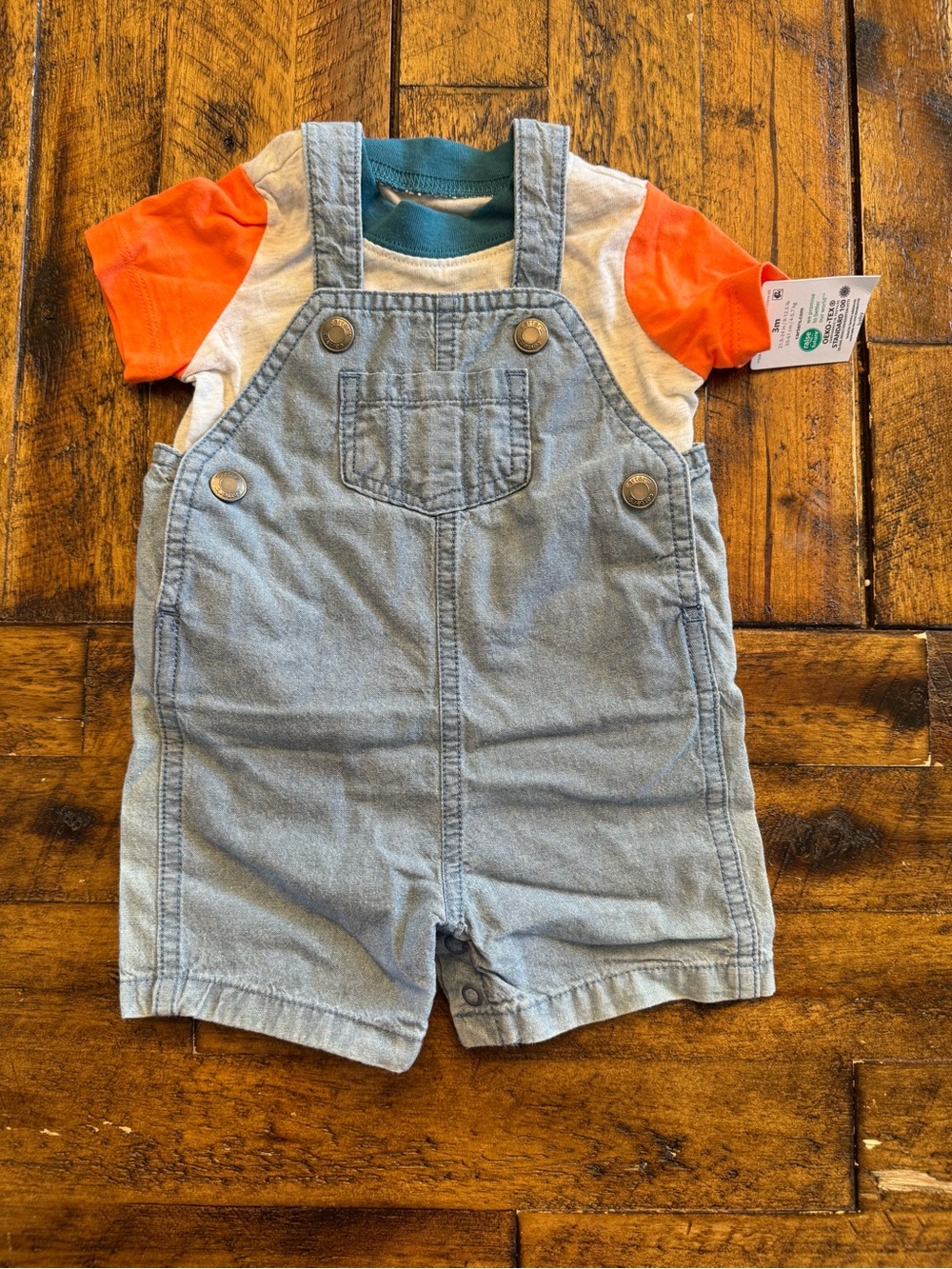 Carters Light Blue Denim Shortall with Orange Sleeve Tee 3M - Picture 1 of 4